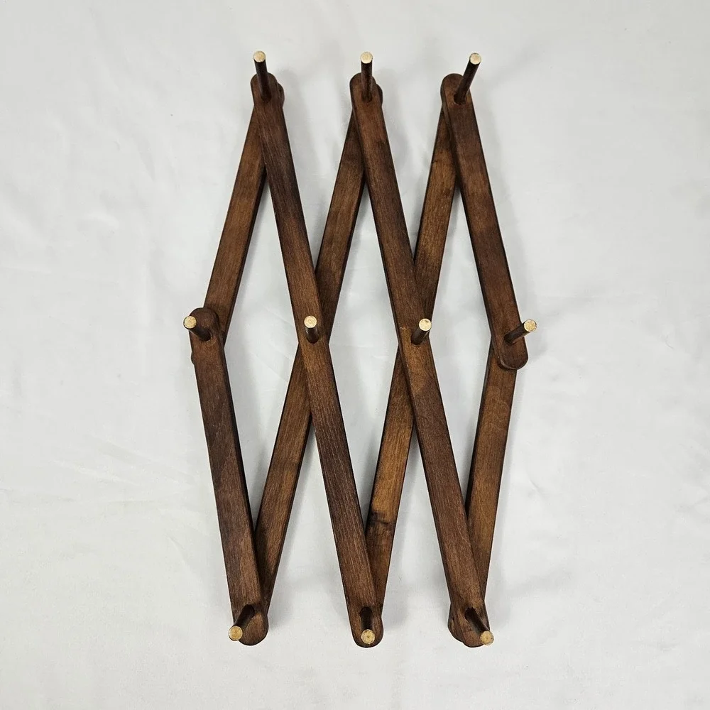 Vtg Wood Expandable Accordion Folding Rack 10 Peg Wall Hanger Hat Coat Jewelry